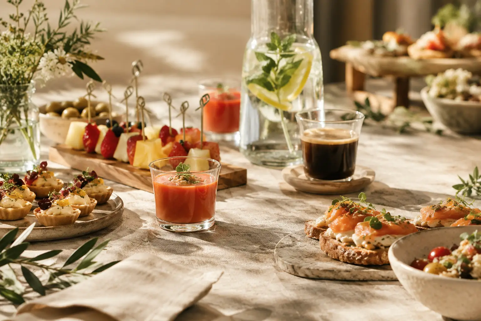 Buffet gourmet de aperitivos y frutas